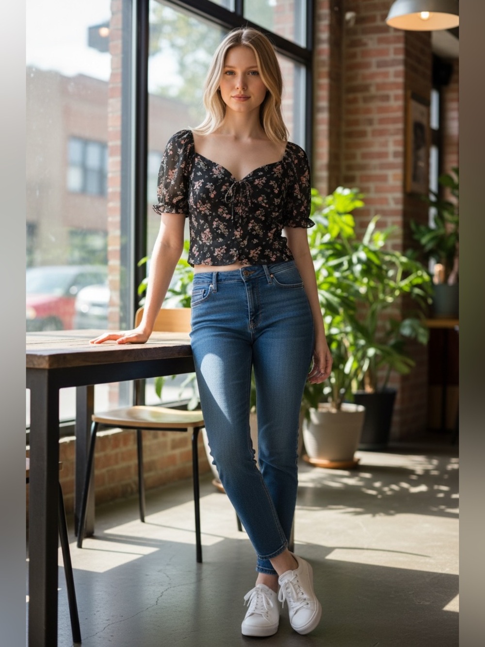 Papaya Black Floral Printed Cropped Blouse